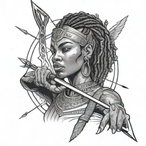 Face tattoo of angry African woman with bow and arrow and sword going into battle tattoo design idea