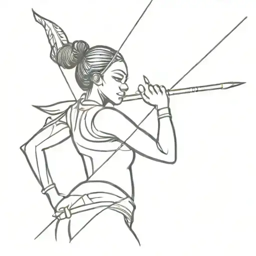 African woman holding sword with bow and arrow in the background going into battle tattoo design idea