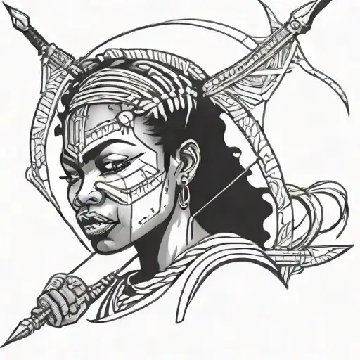 Face tattoo of angry African woman with bow and arrow and sword going into battle tattoo design idea