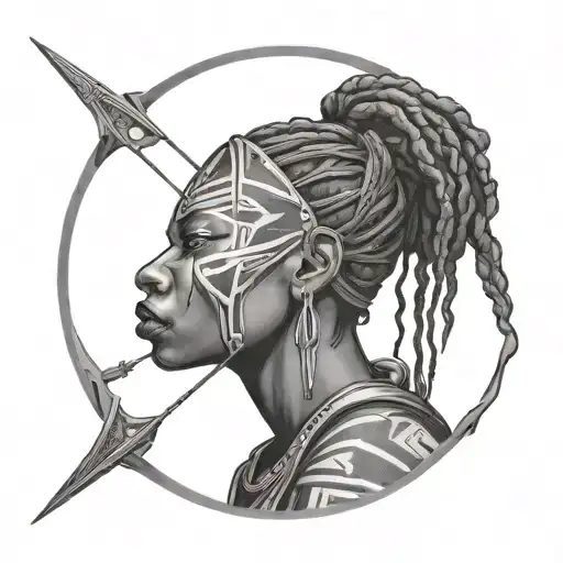 Face tattoo of angry African woman with bow and arrow and sword going into battle tattoo design idea