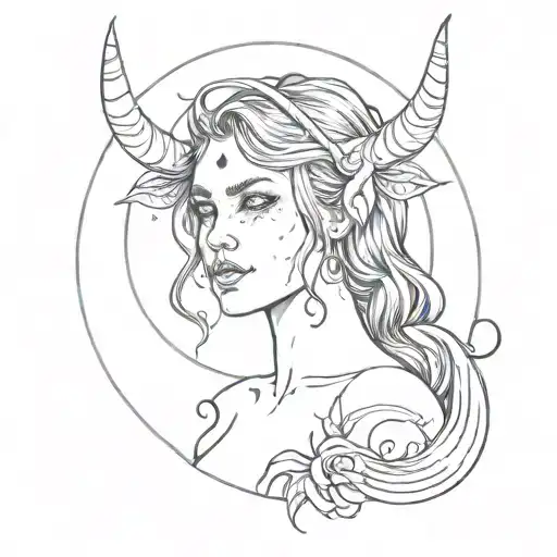 Girl with demon horns and a blood moon behind her. Line work small tattoo style minimalistic tattoo design idea
