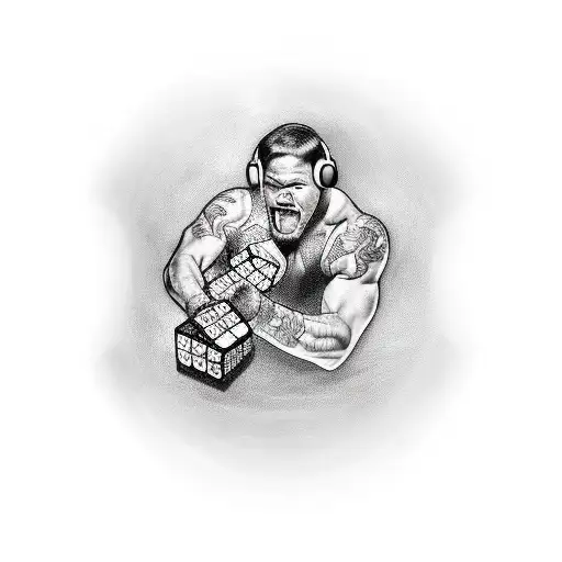 A wrestler performing a complex Rubik's cube solve while surrounded by a black and grey portrait of their family tattoo design idea