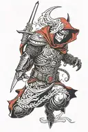 fantasy-inspired featuring a sword-wielding red hood from the Batman universe, surrounded by old gods and viking gmotifs tattoo design idea