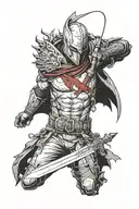 fantasy-inspired featuring a sword-wielding red hood from the Batman universe, surrounded by old gods and viking gmotifs tattoo design idea