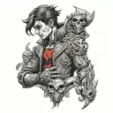 An intricate black-grey tattoo of a morally gray character from a romance novel, with elements of red hood and pirates incorporated into the design tattoo design idea