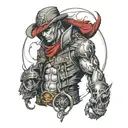 An intricate black-grey tattoo of a morally gray character from a romance novel, with elements of red hood and pirates incorporated into the design tattoo design idea