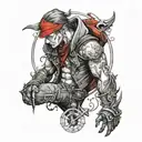 An intricate black-grey tattoo of a morally gray character from a romance novel, with elements of red hood and pirates incorporated into the design tattoo design idea