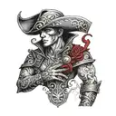 An intricate black-grey tattoo of a morally gray character from a romance novel, with elements of red hood and pirates incorporated into the design tattoo design idea