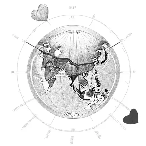 A heart-shaped globe with Canada and Brazil highlighted, showing the love across borders in a long-distance relationship tattoo design idea