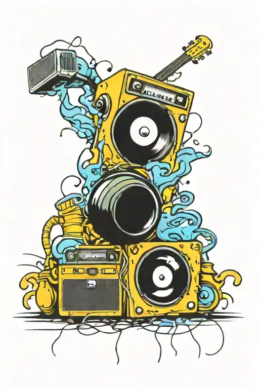 Electric blues music an eight ball, giant speakers, beer and pin up dolls done in graffiti style  tattoo design idea