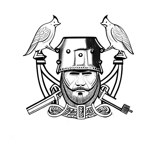 A prison officer wearing a Viking helmet, holding a key and a raven perched on their shoulder tattoo design idea