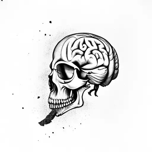 a crow eating a brain from a decayed skull, graphic  tattoo design idea