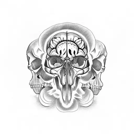 a crow eating a brain from a decayed skull, graphic  tattoo design idea