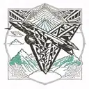  geometric pattern Fighter F16 flying over mountains tattoo design idea