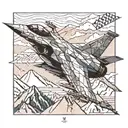  geometric pattern Fighter F16 flying over mountains tattoo design idea