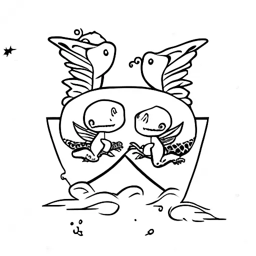 two baby alligators hugging. one of them has wings and a halo tattoo design idea