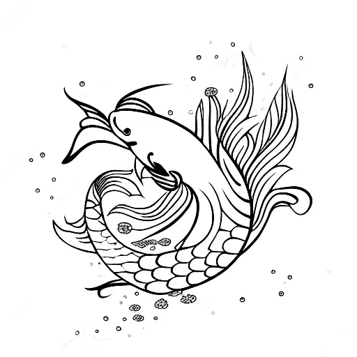 fineline koi fish with flowers and wavy lines like water tattoo design idea