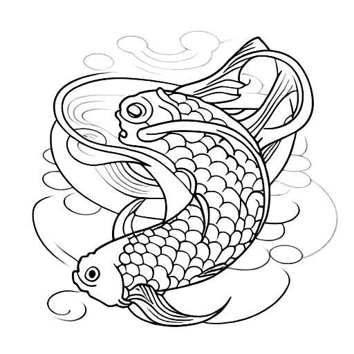fineline koi fish shaped like ying and yangwith flowers and wavy lines like water tattoo design idea