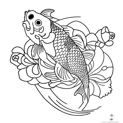 fineline with 2 koi fish shaped like ying and yangwith flowers and wavy lines like water tattoo design idea