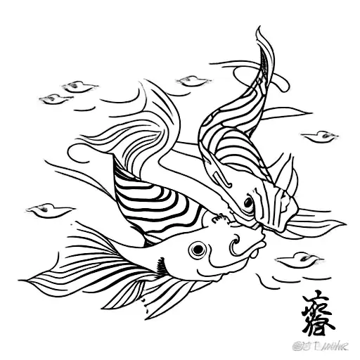 fineline 2 koi fish one swimming up and the other swimmidshaped like ying and yangwith flowers and wavy lines like water tattoo design idea