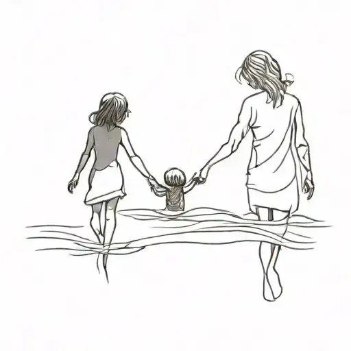 A minimalist silhouette of a mother and daughter enjoying a day at the beach tattoo design idea