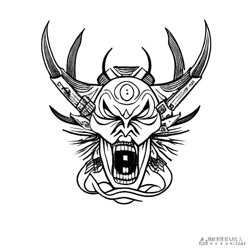 A minimalist tattoo of a devil in solitude, meditating like a samurai. tattoo design idea