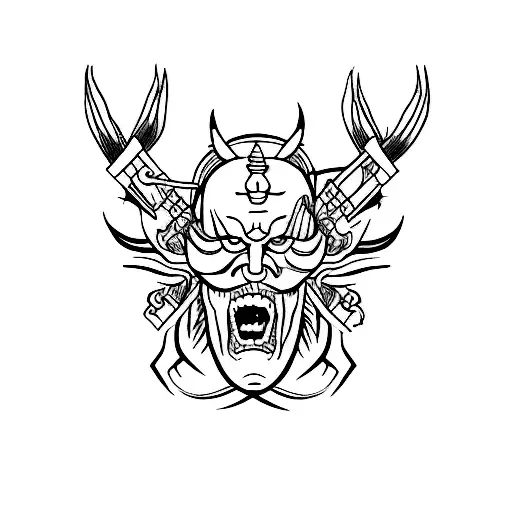 A minimalist tattoo of a devil in solitude, meditating like a samurai. tattoo design idea