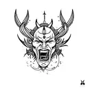 A minimalist tattoo of a devil in solitude, meditating like a samurai. tattoo design idea