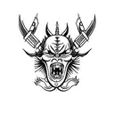 A minimalist tattoo of a devil in solitude, meditating like a samurai. tattoo design idea