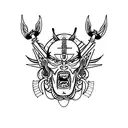 A minimalist tattoo of a devil in solitude, meditating like a samurai. tattoo design idea