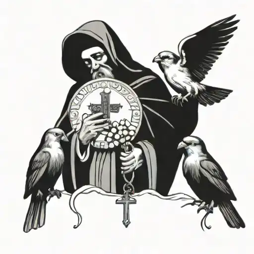 A memorial tattoo of St. Anthony holding a rosary, surrounded by a flock of sparrow birds tattoo design idea