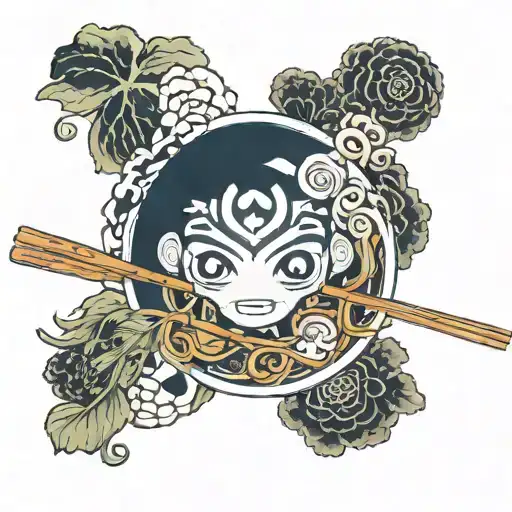 Kodama "Princess Mononoke", which is located between Chinese chopsticks, above a plate of ramen,on a plate a pattern of  tattoo design idea