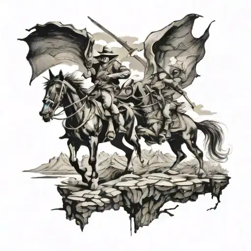 old western scenery with the lord and devil fighting with the words well the devil can scrap but the lord has won tattoo design idea