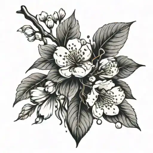 cherry blossom branch, main design is round, holes in some leaves, some shading and lines for detail, crisp fine line  tattoo design idea