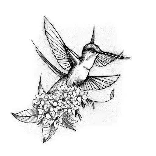 delicate lines of branches and 3 flowers for female arm, a hummingbird flying close to the flowers tattoo design idea