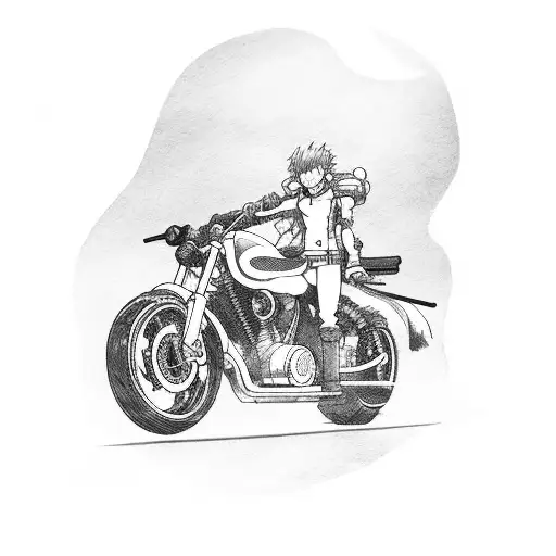 An anime character riding a motorcycle at night with a sword in hand tattoo design idea