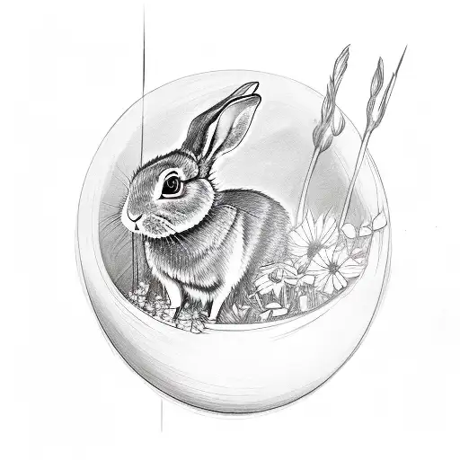 rabbit coming out of a black top hat with flowers, a bird and the sun tattoo design idea