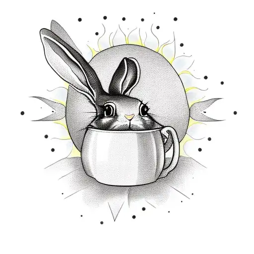  rabbit peeping out of a black top hat, flowers, a bird and the sun tattoo design idea