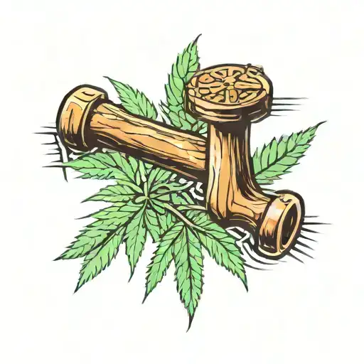 A traditional tattoo design of a carpenter's hammer and nails forming a cross, surrounded by cannabis leaves tattoo design idea