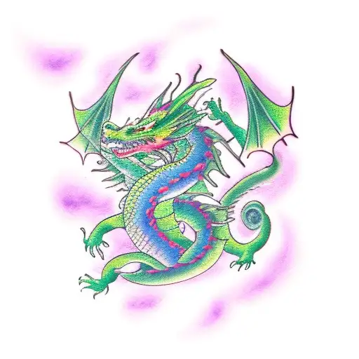 Dragon green and purple breathing fire while lifting weights tattoo design idea