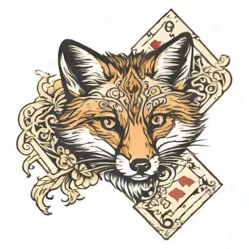 Fox with calligraphy background accents and playing cards tattoo design idea