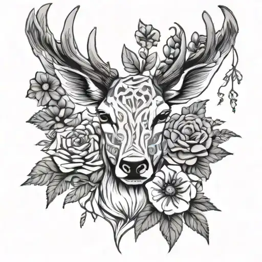 fallow deer head with larkspur and Gladiolus flowers and a distinct cannabis plant leaf. black and shade, inner forearm. tattoo design idea