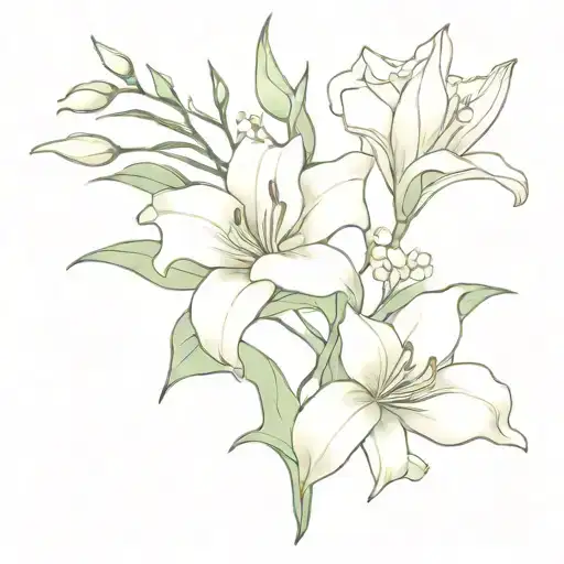 bouquet with gladiolus, morning glory, lily of the valley, and chrysanthemum tattoo design idea