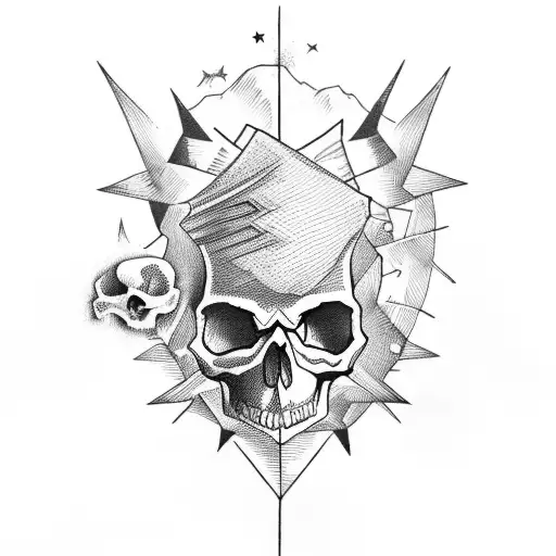 A stack of books with skull motifs on their spines, placed against a backdrop of mountains and stars tattoo design idea