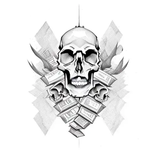 A stack of books with skull motifs on their spines, placed against a backdrop of mountains and stars tattoo design idea