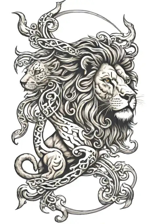lion and cancer survivor symbol intertwined tattoo design idea