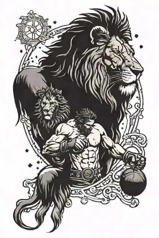 A lion wearing boxing gloves standing next to a Christian cross, with Jesus watching over them, all surrounded by Scorpio constellation tattoo design idea