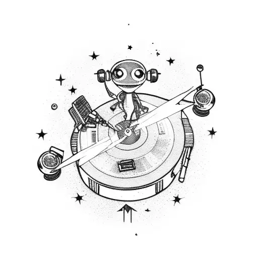 An alien DJ spinning records under a starlit sky tattoo design idea
