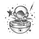 An alien DJ spinning records under a starlit sky tattoo design idea