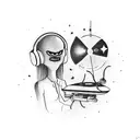 An alien DJ spinning records under a starlit sky tattoo design idea